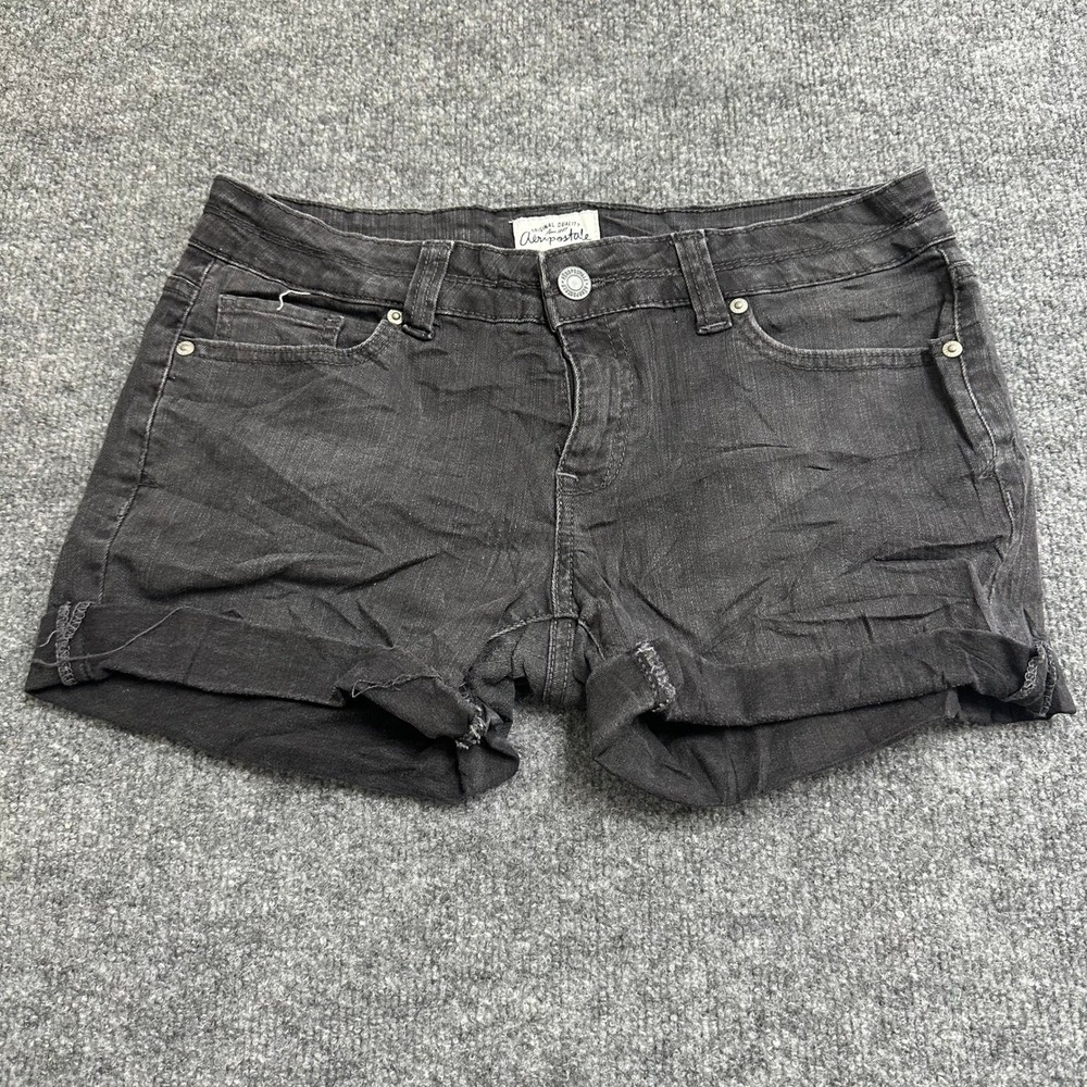 Aeropostale Denim Shorts Womens Size 7/8 Black Cuffed Stretch Casual Summer